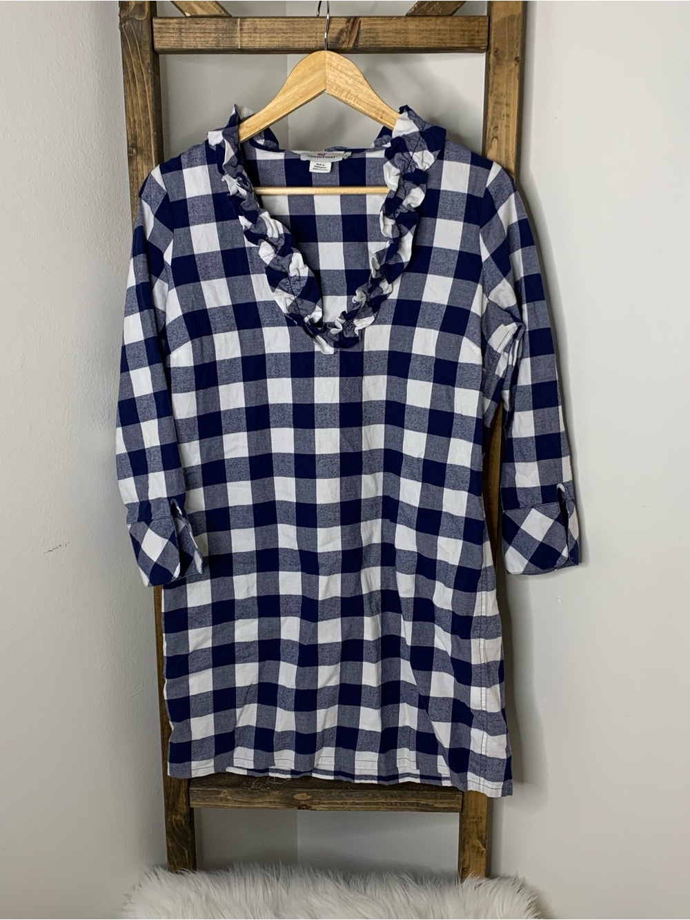 Vineyard Vines Navy and White Buffalo Check Ruffle V-Neck Tunic Dress Size 2